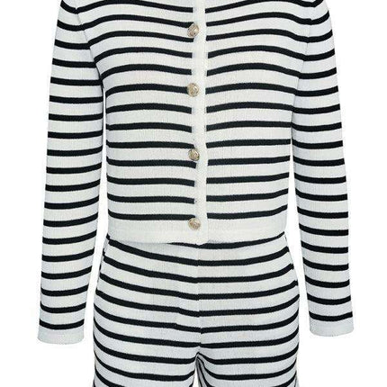 Elegant Striped Knit Cardigan & Shorts Set - Cozy Chic Lounge Outfit - Très Elite