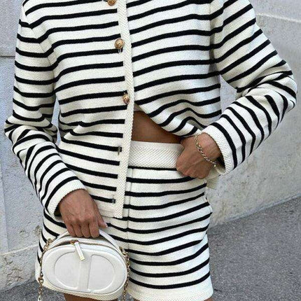 Elegant Striped Knit Cardigan & Shorts Set - Cozy Chic Lounge Outfit - Très Elite
