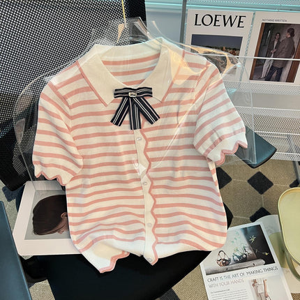 Elegant Striped Summer Knit Top with Bowtie Detail - Lightweight and Stylish - Très Elite