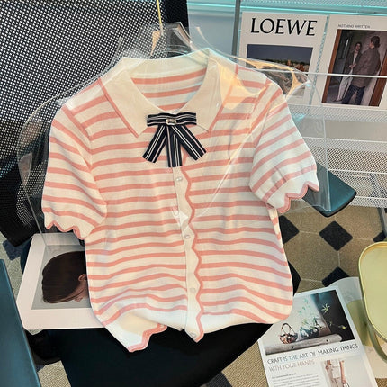 Elegant Striped Summer Knit Top with Bowtie Detail - Lightweight and Stylish - Très Elite