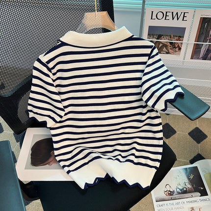 Elegant Striped Summer Knit Top with Bowtie Detail - Lightweight and Stylish - Très Elite