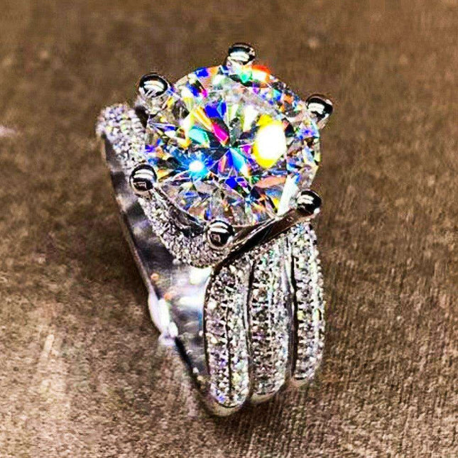 Elegant Triple-Layer Moissanite and Zircon Silver Ring Set