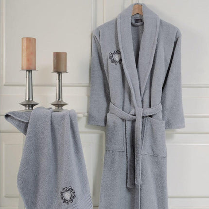 Elegant Turkish Cotton Embroidered Men's Bathrobe Set with Hand Towel - Premium Spa Collection