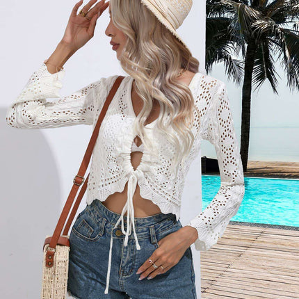Elegant V-Neck Beach Cover-Up with Adjustable Drawstring and Stylish Openwork Accents - Très Elite