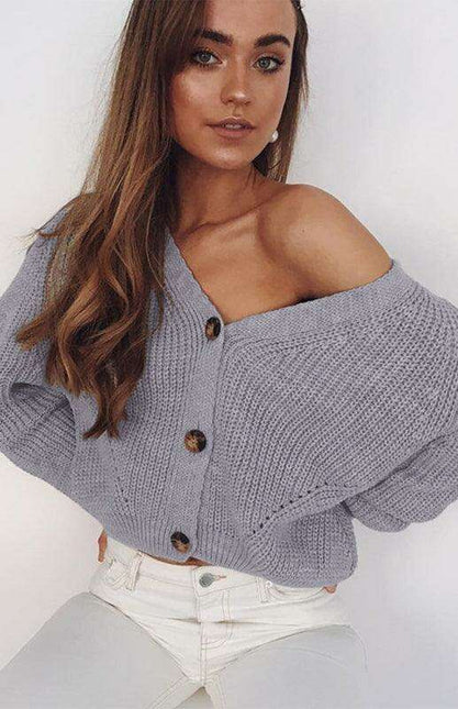 Elegant V-Neck Knit Cardigan with Dramatic Balloon Sleeves