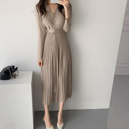Elegant V-Neck Knit Sweater Dress with Belted Waist - Women's Winter Wardrobe Must-Have - Très Elite