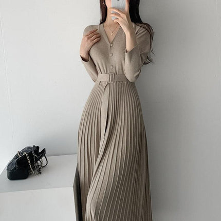 Elegant V-Neck Knit Sweater Dress with Belted Waist - Women's Winter Wardrobe Must-Have - Très Elite