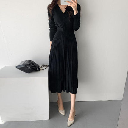 Elegant V-Neck Knit Sweater Dress with Belted Waist - Women's Winter Wardrobe Must-Have - Très Elite