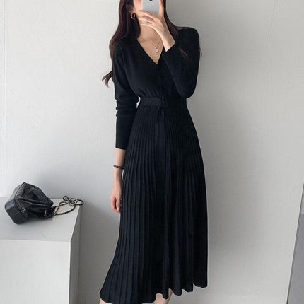Elegant V-Neck Knit Sweater Dress with Belted Waist - Women's Winter Wardrobe Must-Have - Très Elite