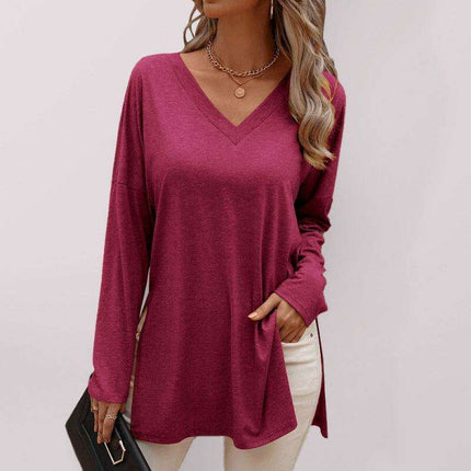 Elegant V Neck Longline Tee with Side Slits - Women's Essential Casual Wear