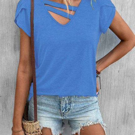 Elegant V-Neck Petal Sleeve Women's T-Shirt - Summer Wardrobe Essential