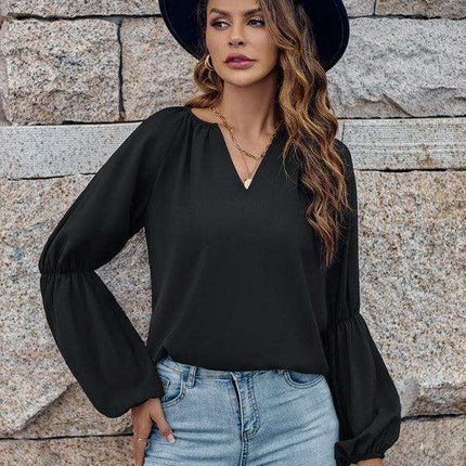 Elegant V-Neck Women's Blouse - Stylish Autumn Essential