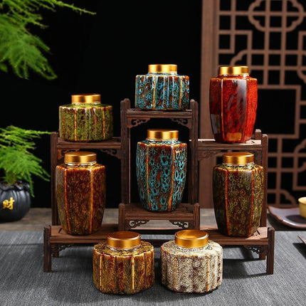 Elegant Vintage Chinese Ceramic Tea Storage Caddies - Set of 2 in Green & Black- Très Elite- Très Elite