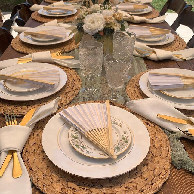 Elegant White Bamboo Handheld Fans - Premium Paper Fans Set for Weddings and Events