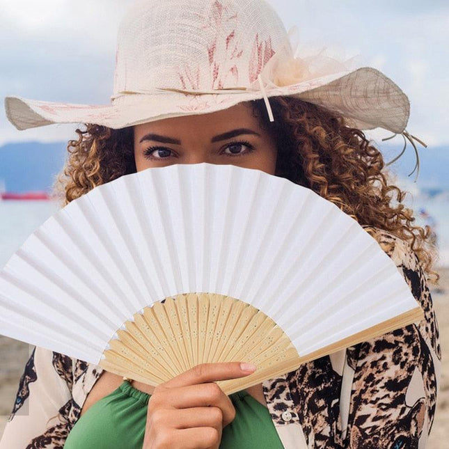 Elegant White Bamboo Handheld Fans - Premium Paper Fans Set for Weddings and Events