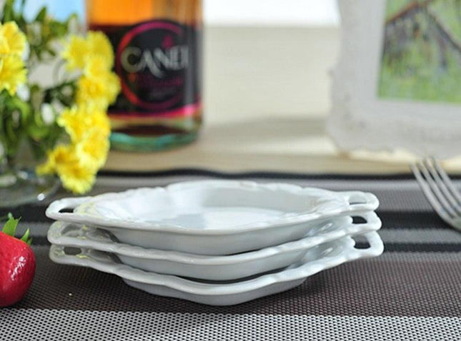 Elegant White Pottery Serving Tray with Embossed Design and Dual Handles - Très Elite