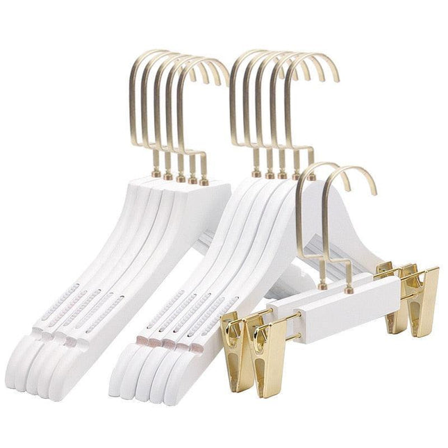 Elegant White Wooden Hanger Set with Gold Hooks for Fashionable Closet Organization