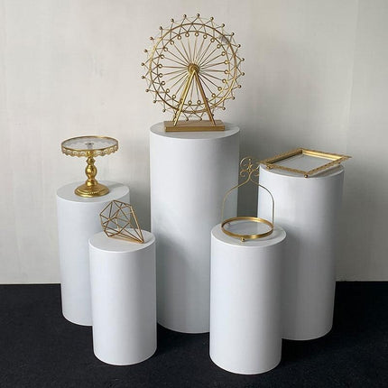 Elegant White and Gold Cylinder Display Pedestals Set - Très Elite