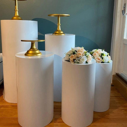 Elegant White and Gold Cylinder Display Pedestals Set - Très Elite