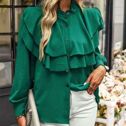Elegant Women's Ruffle-Collared Button-Up Blouse - Très Elite