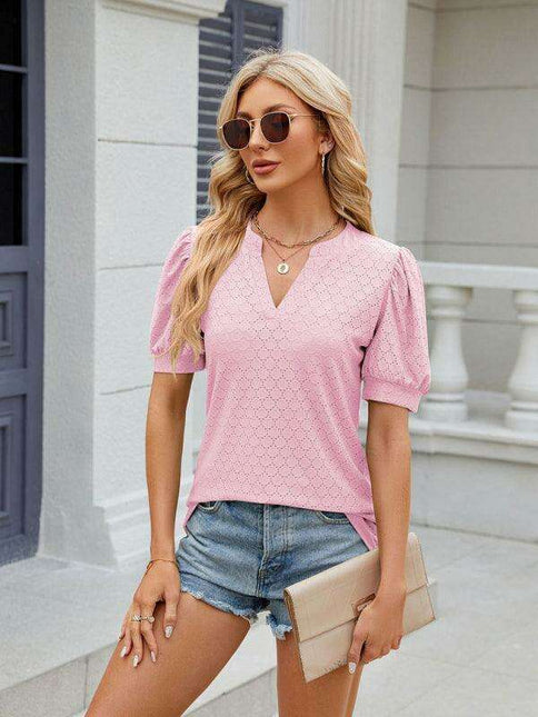 Elegant Women's V-neck Pleated Puff Sleeve Knit Blouse with Relaxed Fit