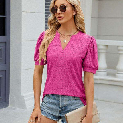Elegant Women's V-neck Pleated Puff Sleeve Knit Blouse with Relaxed Fit