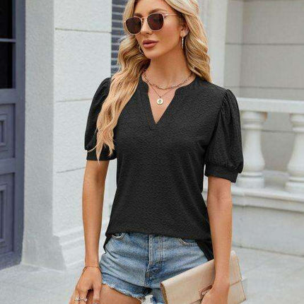 Elegant Women's V-neck Pleated Puff Sleeve Knit Blouse with Relaxed Fit