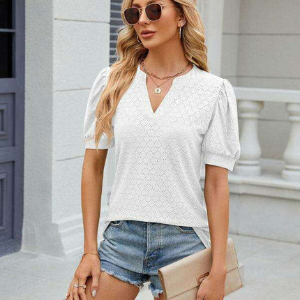 Elegant Women's V-neck Pleated Puff Sleeve Knit Blouse with Relaxed Fit