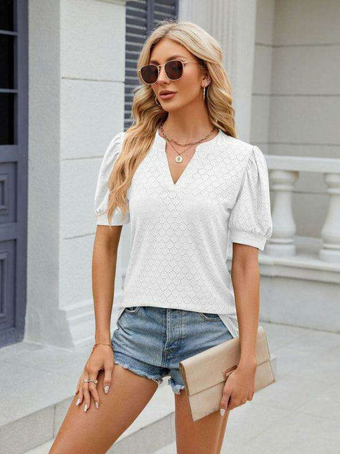 Elegant Women's V-neck Pleated Puff Sleeve Knit Blouse with Relaxed Fit
