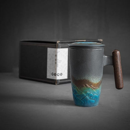 Elegant Zen Ceramic Mug Set with Wooden Handle & Infuser Lid - Ideal for Tea & Coffee Enthusiasts