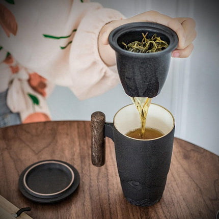 Elegant Zen Ceramic Mug Set with Wooden Handle & Infuser Lid - Ideal for Tea & Coffee Enthusiasts