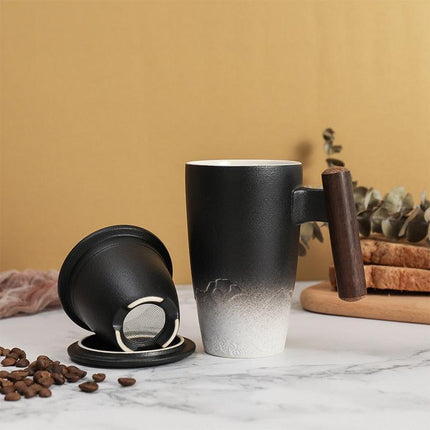 Elegant Zen Ceramic Mug Set with Wooden Handle & Infuser Lid - Ideal for Tea & Coffee Enthusiasts