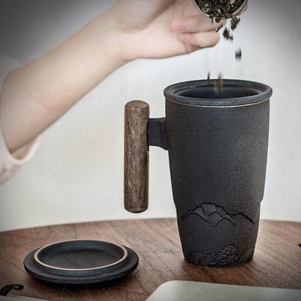 Elegant Zen Ceramic Mug Set with Wooden Handle & Infuser Lid - Ideal for Tea & Coffee Enthusiasts