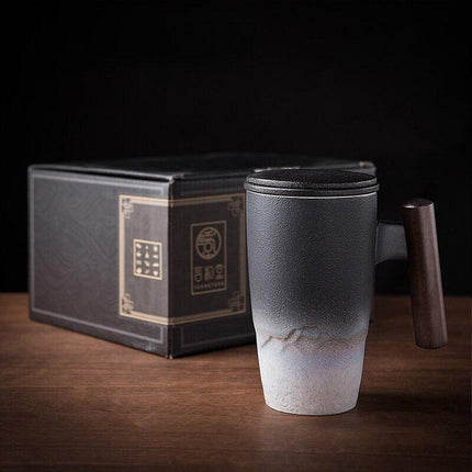 Elegant Zen Ceramic Mug Set with Wooden Handle & Infuser Lid - Ideal for Tea & Coffee Enthusiasts