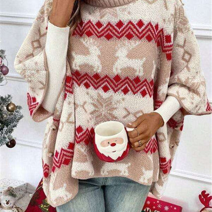 Elk Patterned Batwing Turtleneck Sweater: Cozy Christmas Jumper with Unique Design