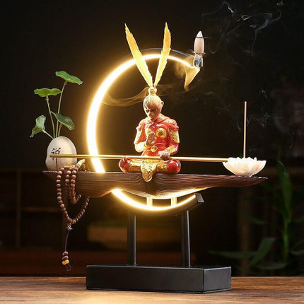 Epic Saga: Sūn Wùkōng vs. Buddha Zen Ceramic Light and Incense Sculpture - Enchanting Asian Home Decor