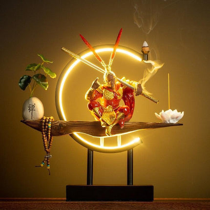Epic Saga: Sūn Wùkōng vs. Buddha Zen Ceramic Light and Incense Sculpture - Enchanting Asian Home Decor