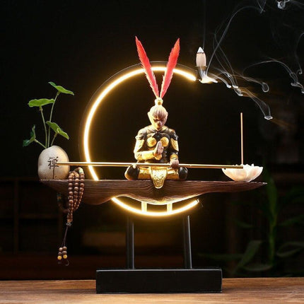 Epic Saga: Sūn Wùkōng vs. Buddha Zen Ceramic Light and Incense Sculpture - Enchanting Asian Home Decor