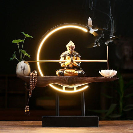 Epic Saga: Sūn Wùkōng vs. Buddha Zen Ceramic Light and Incense Sculpture - Enchanting Asian Home Decor
