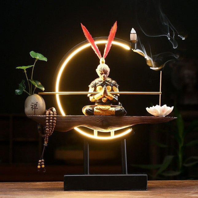 Epic Saga: Sūn Wùkōng vs. Buddha Zen Ceramic Light and Incense Sculpture - Enchanting Asian Home Decor