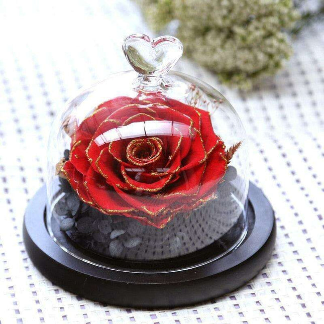Eternal Elegance: Preserved Rose in Glass Dome with Opulent Gold Accents