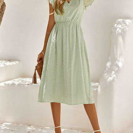 Euro-American V-Neck Cotton Dress with Waist Tie - Elevate Your Spring-Summer Style - Très Elite