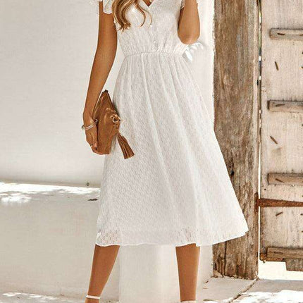 Euro-American V-Neck Cotton Dress with Waist Tie - Elevate Your Spring-Summer Style - Très Elite