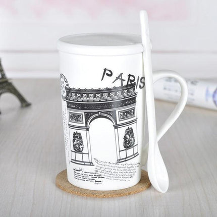 European Luxury Ceramic Coffee Mug Set with Stirring Spoon — 430ml, 4 Designs