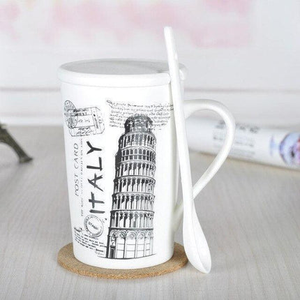 European Luxury Ceramic Coffee Mug Set with Stirring Spoon — 430ml, 4 Designs