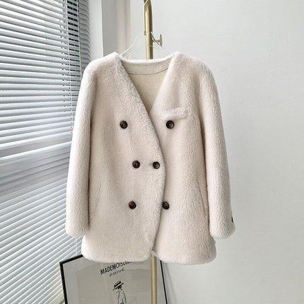 Exclusive Luxe Real Fur Double-Breasted Winter Jacket with V-Neck Elegance - Très Elite