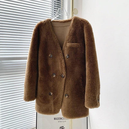 Exclusive Luxe Real Fur Double-Breasted Winter Jacket with V-Neck Elegance - Très Elite