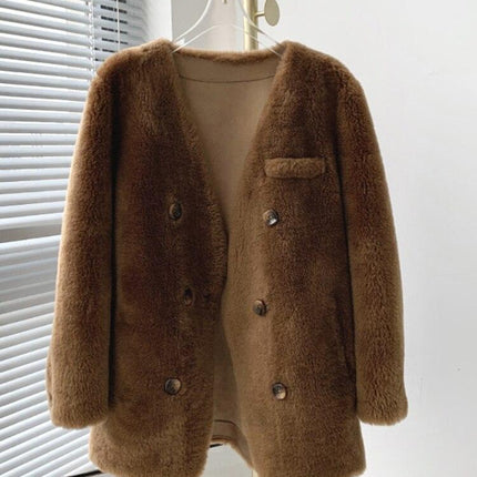 Exclusive Luxe Real Fur Double-Breasted Winter Jacket with V-Neck Elegance - Très Elite
