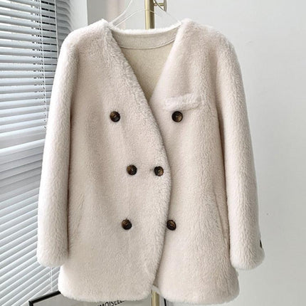 Exclusive Luxe Real Fur Double-Breasted Winter Jacket with V-Neck Elegance - Très Elite