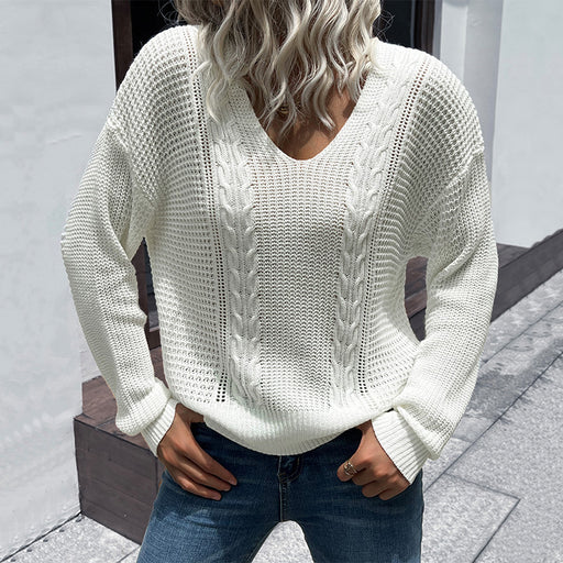 Ivory V-Neck Twist Knit Sweater - Stylish Women's Winter Fashion Piece
